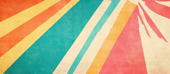 Poster - Colorful vintage sunburst background with textured stripes in orange, teal, pink, and yellow with copy space for text placement