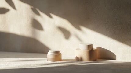 Aufkleber - Minimalist still life with skincare cream jars on a textured surface with shadow play and copy space for branding or text placement