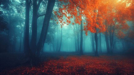 Poster - Misty forest landscape with vibrant orange leaves in autumn ambiance and dense fog creating atmospheric depth Copy Space