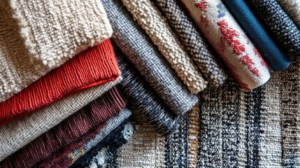 Poster - Textile fabric swatches arranged in a layered display with various textures and patterns Copy Space