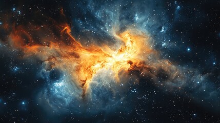 Poster - colorful cosmic nebula in deep space with stars against a dark background featuring dynamic orange a