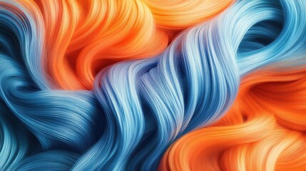 Poster - Colorful flowing waves of fabric or hair in orange and blue hues with smooth textures and gradients Copy Space