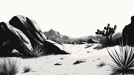 Poster - Desert landscape illustration with rocks, cacti, and sparse vegetation in monochrome style with Copy Space for text placement