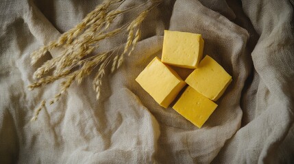 Poster - Blocks of yellow cheese on a beige linen fabric with dried grass decoration Copy Space
