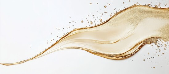 Poster - Golden cream or paint swirl on white background with scattered golden particles and ample copy space for text or design elements.