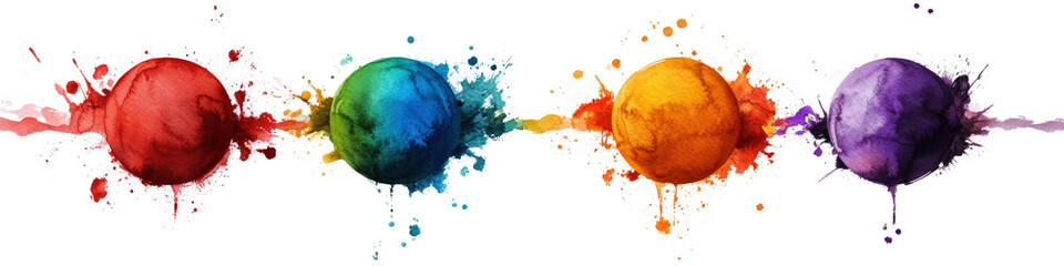 Poster - Three colorful paint splashes on a black background in abstract artistic composition isolated on a white background