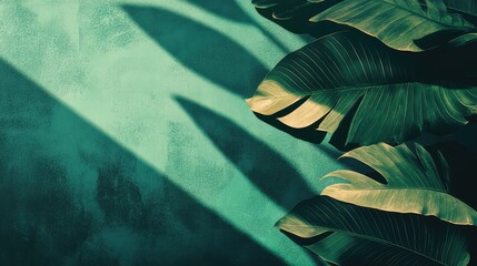 Poster - Green tropical leaves with shadows on a textured teal background and ample copy space for text placement.