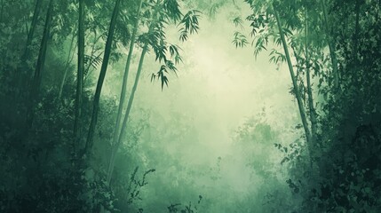 Poster - misty bamboo forest with soft lighting and dense vegetation providing natural copy space for text pl