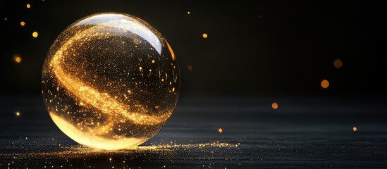 Aufkleber - Golden glowing orb with sparkling particles on a dark background featuring Copy Space for text placement