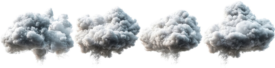 Poster - A group of fluffy white clouds scattered on a dark black background in a dramatic sky scene isolated on a white background