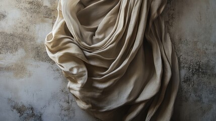 Poster - Textured draped fabric on a weathered wall with soft lighting and neutral tones Copy Space