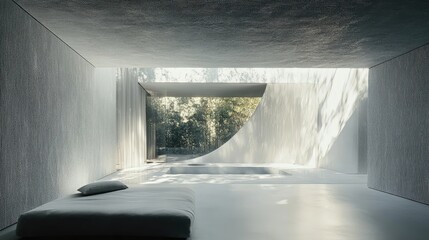 Poster - Minimalist interior design featuring a modern living space with large windows, natural light, and a serene outdoor view Copy Space