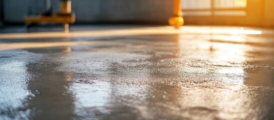 Aufkleber - Glossy concrete floor with reflections in an industrial setting illuminated by natural light and copy space available.