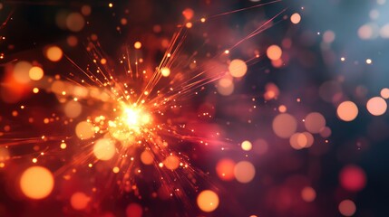 Poster - Colorful abstract background with glowing bokeh lights and sparkles in red and orange tones with Copy Space for text overlay.