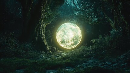 Poster - Glowing ethereal orb in a dark forest setting illuminated by moonlight with dense vegetation and shadowy trees Copy Space
