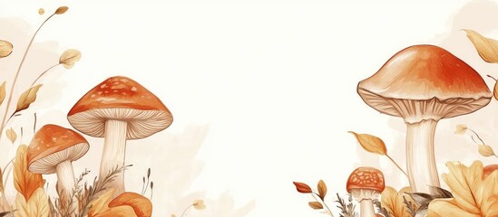  - Mushroom illustration with autumn leaves in soft colors on a light background with Copy Space for text placement