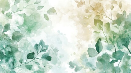 Poster - Abstract watercolor background of green leaves and soft hues with ample copy space for text placement.