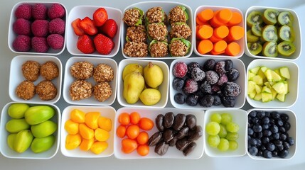 Poster - Assorted Fresh Fruits and Healthy Snacks Arranged in White Containers on a Light Background with Copy Space