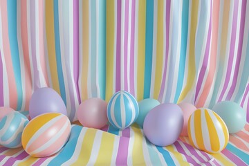 Canvas Print - Pastel Easter Eggs on Striped Fabric Background