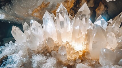 Poster - Illuminated quartz crystal cluster within a cave formation showing sharp crystalline structures and reflective surfaces with Copy Space
