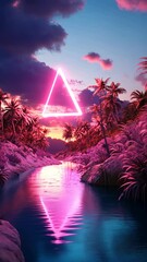 Wall Mural - Vibrant sunset over a tropical river surrounded by lush palm trees and a glowing neon triangle in the sky