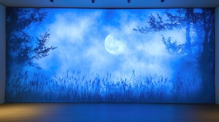 Poster - Blue toned illuminated backdrop with a large moon and silhouette of trees against a foggy night sky Copy Space