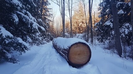 Poster - snow-covered forest path with a large cut tree trunk surrounded by trees and a winter landscape copy