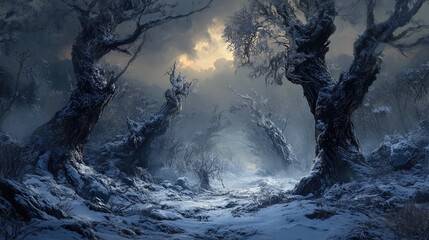 Poster - Mysterious winter forest landscape with twisted trees and dramatic lighting in a foggy atmosphere Copy Space