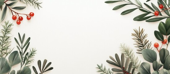 Poster - Greenery and Berries Border on White Background with Copy Space for Text