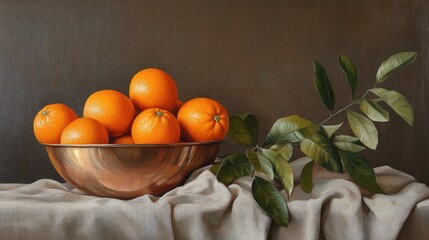 Poster - Still life composition featuring a copper bowl filled with fresh oranges and green leaves on a draped fabric background with copy space.