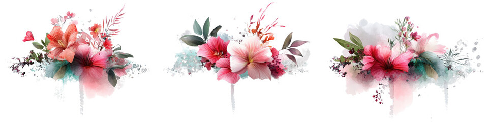 Poster - Three different flowers with colorful paint splashes on white background for creative artwork isolated on a white background