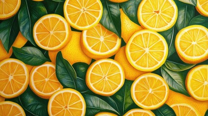 Poster - Fresh yellow oranges and orange slices with green leaves arranged on a flat surface Copy Space