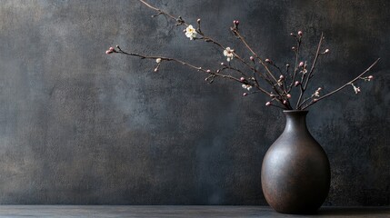 Poster - Brown ceramic vase with branches and budding flowers on a textured dark background featuring ample Copy Space for text placement.