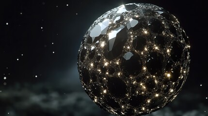 Fototapete - 3D abstract sphere with reflective surface and glowing nodes against dark background Copy Space