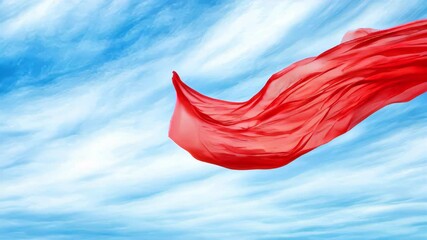 Poster - Waving Red Fabric Against a Blue Sky Captures Movement and Vibrancy in a Serene Setting