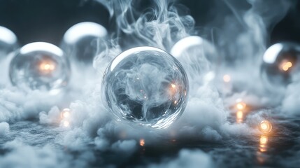 Poster - Transparent spheres surrounded by fog with glowing lights in a dark environment Copy Space