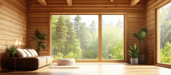 Poster - Bright wooden interior of a cozy modern living room with large windows overlooking a lush green forest Copy Space