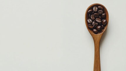 Poster - Coffee beans in a wooden spoon on a light background with ample copy space for text placement