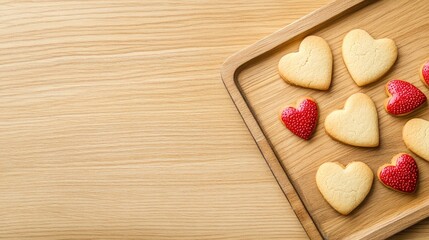 Poster - Heart-shaped cookies and strawberries arranged on a wooden tray with light wood background and ample Copy Space for text placement.
