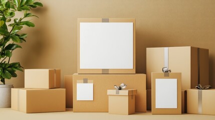 Poster - Brown cardboard boxes stacked in a minimalist indoor setting with a green plant and copy space for text or branding.