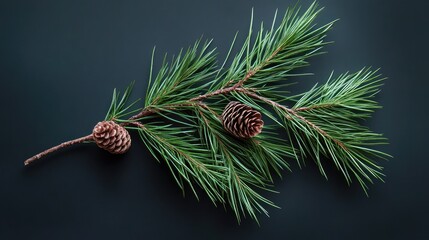 Poster - Pine branch with cones on dark background featuring copy space for text placement