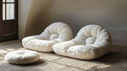 Poster - Two white plush lounge chairs and a round ottoman on a soft rug in a minimalistic room with natural light and copy space.