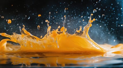 Poster - Vivid splash of orange liquid on dark background with dynamic water droplets and Copy Space for text placement