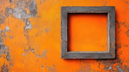Poster - grungy orange wall with a weathered black frame empty square copy space for text placement