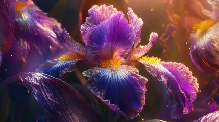 Poster - Vibrant close-up of purple and yellow iris flower petals with soft light reflections and bokeh background Copy Space