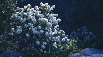 Poster - White flowering bushes with lush green foliage and rocks in a natural setting illuminated by soft evening light Copy Space
