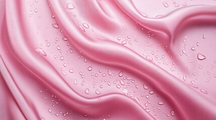 Poster - Pink satin fabric with water droplets creating a textured appearance, ideal for backgrounds, soft textiles, or product presentations. Copy Space available.