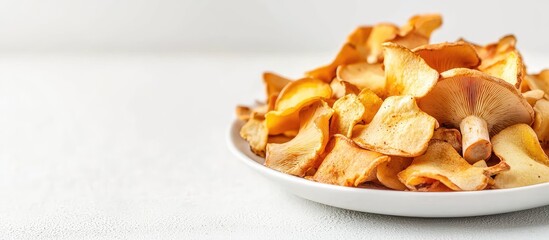 Poster - Dried chanterelle mushrooms on a white plate with light background and ample copy space for text insertion