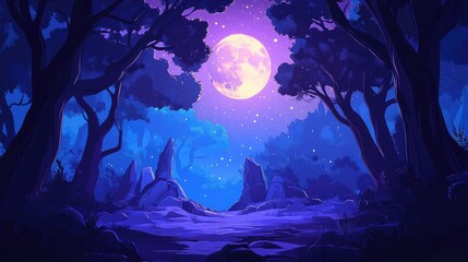 Poster - Moonlit forest landscape with trees and rocks illuminated by a bright full moon under a starry sky with copy space.