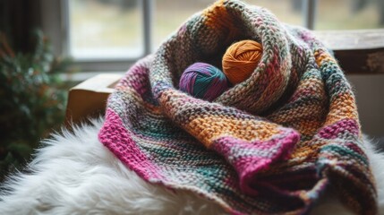 Poster - Cozy knitted scarf with colorful yarn balls displayed near a window in a warm indoor setting during winter. Generative AI
